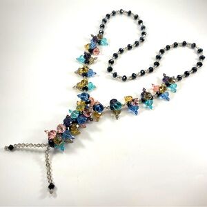 Stunning Unsigned Rainbow Faceted Round Rondelle Glass Beaded Tassel Necklace
